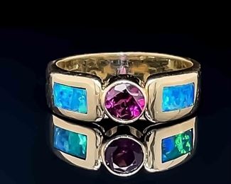 Designer KABANA Tourmaline & Black Opal Inlay Ring in 14k Yellow Gold
