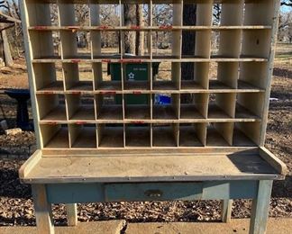 Vintage Solid Wood Mid Century Post Office Sorting Table and Cabinet with Cubbies. Good Condition.