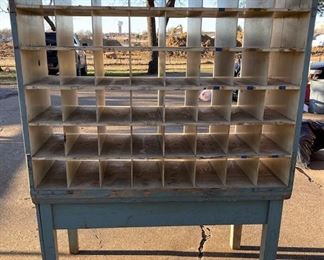 Vintage Solid Wood Mid Century Post Office Sorting Table and Cabinet with Cubbies. Good Condition.