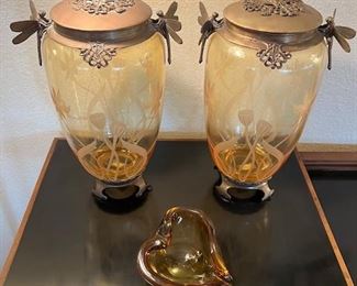 14" Art Nouveau Style Dragonfly Lotus Jar Set of 2 