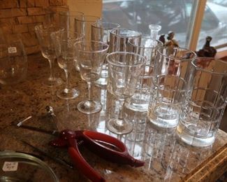 Glass tumblers and stemware.