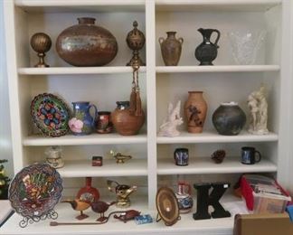 Native American Indian water vessel. Carved wooden birds from Jamaica. Pottery, decorative items.