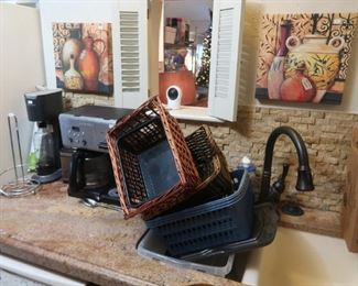 Soda stream set up. Coffee maker. Coffee grinder. Baskets. Decorative art.