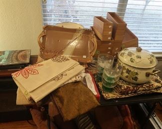 Table runners, bamboo storage boxes, cooking vessels.