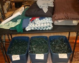 Table cloths, pillows, huge bins full of Christmas lights.
