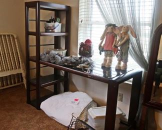 All desk with attached book case. Children’s things, decorative rabbits.