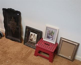 Decorative tray, picture frames and stepstool.