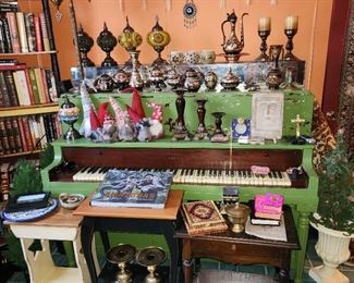 Hardman upright piano and collectible containers