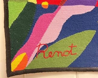 "RENOT" NEEDLEPOINT TAPESTRY  |   Handmade Brazilian needlepoint tapestry with Bahia wool; marked "Renot" in lower left corner and signed by artist en verso "Renot 76" with studio stamp marks, Salvador, Bahia, Brazil - w. 48 x h. 36 in.