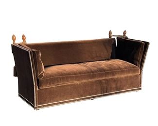 DROP ARM VELVET SETTEE  |  Handsome and in very good condition; sometimes called a "knole settee," this sofa has drop sides to allow you to really stretch out! Brown velvet upholstery with decorative tacks - l. 83 x w. 31 x h. 40 in.