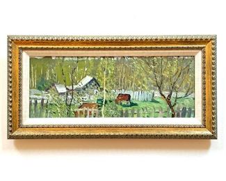 VIKTOR ZEVAKIN (Russian, 20th Century)  |              First Green
Oil on canvas
Titled and signed on verso
Kemerovo painting of landscape with horse and structure
w. 19 x h. 10 in. (frame)