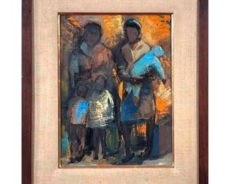 AMERICAN SCHOOL (20TH CENTURY)  |           Mother and child figures
Oil on canvas
Apparently unsigned
Showing figures before a colorful background
9 x 12 in. (stretcher)
w. 14 x h. 17.5 in. (frame)
