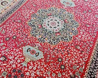 LARGE TURKISH RUG  |  Roomsize carpet, Kasgar design, made in Turkey, Bahariye Textile Co, "Wilton double shuttle / super woolen carpet"; blue and white medallion over a red field with ornate scrollwork florals - l. 800 x w. 400 cm. (approx. 26 x 13 ft.)
