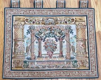 FLORAL ARBOR TAPESTRY  |  Needlepoint tapestry showing flowers in an urn amongst columns in a landscape - w. 28 x h. 25 in. (approx.)