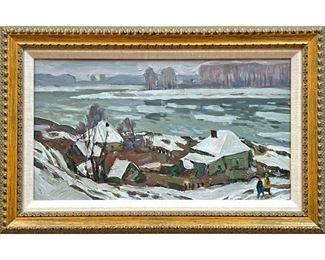VIKTOR ZEVAKIN (Russian, 20th Century)  |     
Siberian riverscape
Oil on canvas
Titled and signed on verso
Snowy riverside town scene with figures
w. 19.5 x h. 12.5 in. (frame)
