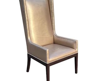 HIGHBACK CHAIR  |  Highback gold upholstered chair with tack accents and dark wood legs - l. 27 x w. 26 x h. 29 in. (overall)