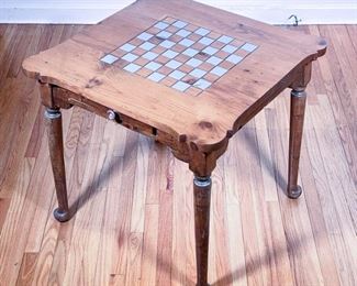 VINTAGE GAME TABLE  |  Square wood table with scalloped edge top and carved chess board over a single storage drawer and four turned legs - l. 31 x w. 31 x h. 30 in.