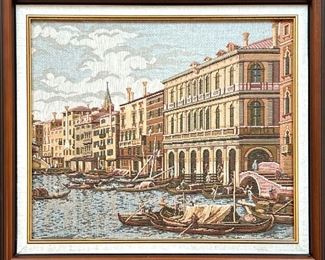 NEEDLEPOINT OF VENICE  |  Needlepoint embroidered Venetian canal scene - w. 18.5 x h. 16.5 in. (frame)