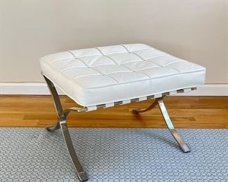 BARCELONA STYLE FOOT REST  |  Barcelona style white foot stool; white cushioned seat attached to chrome frame - l. 22 x w. 24 x h. 16 in.
