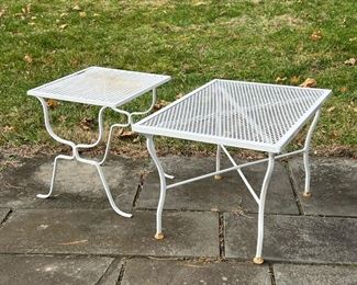 (2pc) PATIO SIDE TABLES  |  Two similar white side tables for outdoor patio suite - l. 26 x w. 18 x h. 17 in. (larger table)