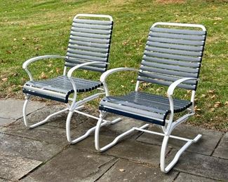 (2pc) PAIR STRAP PATIO CHAIRS  |  Cantilever outdoor lounge / armchairs with white frame and navy blue straps - l. 30 x w. 23 x h. 40 in.