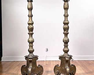 (2pc) FLOOR CANDLE HOLDERS  |  Tall wood column candle holders, with distressed gold paint finish topped by metal candle tray over tripod legs - h. 51 in.