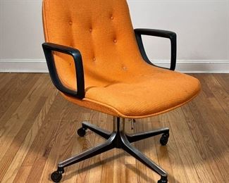 POLLOCK STYLE OFFICE CHAIR  |  Orange Charles Pollock style office chair; fabric upholstered seat, padded plastic armrests, four chrome legs on casters - l. 24 x w. 25 x h. 32 in.