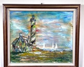 LARRY KENT OIL PAINTING  |  Seascape oil on canvas painting with a lighthouse signed lower right "Larry Kent New York 1989", framed. - w. 29 x h. 25 in.