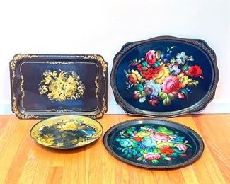 (4pc) TOLE PAINTED TRAYS  |  With floral decorations, some signed - l. 23 in. (largest)