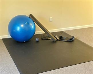 (3pc) WORKOUT ACCESSORIES  |  Including a "GXMMAT The Ultimate Exercise Mat" (6 x 6 ft. / 20 lbs.) with carrying case; blue inflatable exercise ball by Pro Body Pilates (approx dia. 2 ft.) and ProsourceFit High Density Half Round Foam Roller (36 in.)