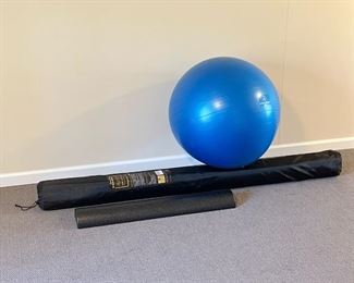 (3pc) WORKOUT ACCESSORIES  |  Including a "GXMMAT The Ultimate Exercise Mat" (6 x 6 ft. / 20 lbs.) with carrying case; blue inflatable exercise ball by Pro Body Pilates (approx dia. 2 ft.) and ProsourceFit High Density Half Round Foam Roller (36 in.)