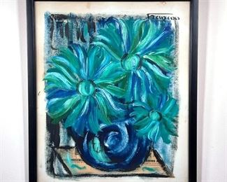 STILL LIFE MIXED MEDIA  |  French mixed media painting of blue flowers on paper and newspaper; signed on top right "Francois"; framed behind glass - w. 22 x h. 26 in. (framed)