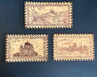 (3pc) RUSSIAN BIRCH ILLUSTRATIONS  |  Carved wood achitectural and landscape scenes, with leather wrapped edges - w. 7 x h. 4 in. (largest)