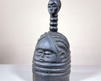 AFRICAN CARVED HEADDRESS  |  African carved headdress designed as head crested by another head - h. 20 x dia. 10 in.