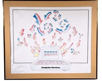 RETRO TECH ART LITHOGRAPH  |  Print titled "Computer Services" signed in lower left by "S. Burnett" and numbered 16/150; framed and matted behind glass - w. 31 x h. 26 in. (overall)
