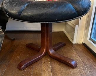 pair of teak and leather mid century modern stools, Danish