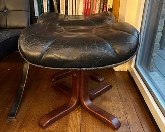 pair of teak and leather mid century modern stools, Danish