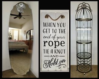 Attractive Tall Beveled Mirror, Funny Sign and Substantial Metal and Glass Rack with Wine Bottle and Glass Holders