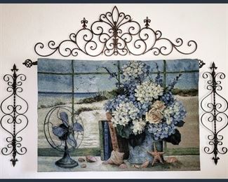 Beachy Signed Tapestry and Decorative Wall Metal Accents