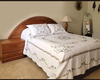 Queen Size Bed with Headboard and Night Stands & Lovely Quilted Coverlet with Matching Pillow Shams 