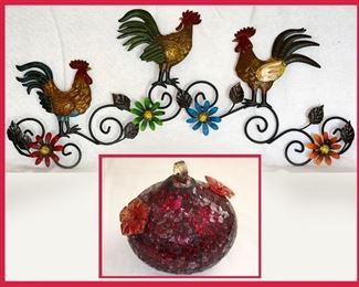 Metal Hinged Rooster Sculpture and Jeweled Hummingbird Feeder 