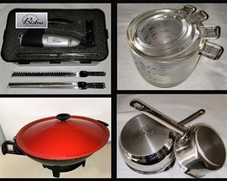 Wolfgang Puck Bistro Collection Electric Knife in Case, Set of Sm Glass Nesting Measuring Cups, Nice Wok and Sample of the Good Pots and Pans Available 