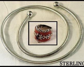 Sterling Silver Bendable Necklace and Ornate NH Michael Valitutti Sterling Ring 