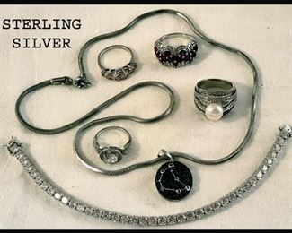 Sterling Silver Rings, Necklace and Tennis Bracelet 