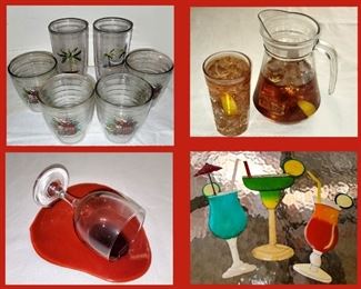 Tropical Themed Tervis Tumblers, Acrylic Faux Ice Tea Glass and Pitcher, Faux Spilled Wine Glass and Metal Outdoor Cocktail Glass Wall Plaques  