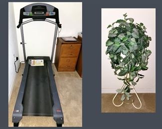 Treadmill, Wooden File Cabinet and Plant Stand 