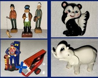 Wooden Figures; 2 Signed G Sears and One Signed Gill, Small Cute Skunk, Jeff Gordon Small Figurine, Lego Toy and Lenox Elephant 