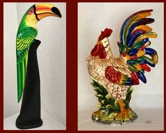 Wooden Painted Toucan and Large Ceramic Rooster 