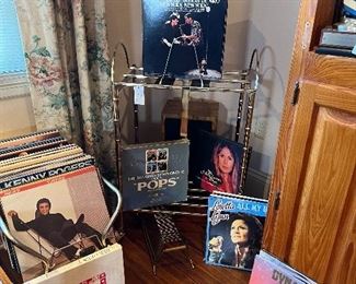 Vintage Brass Rolling Cart and Vintage Vinyl Record Collection