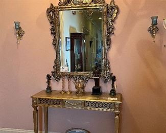 Vintage Filagree Beveled Mirror, Painted Foyer/Console, Vintage Ceramic Fish Bowl